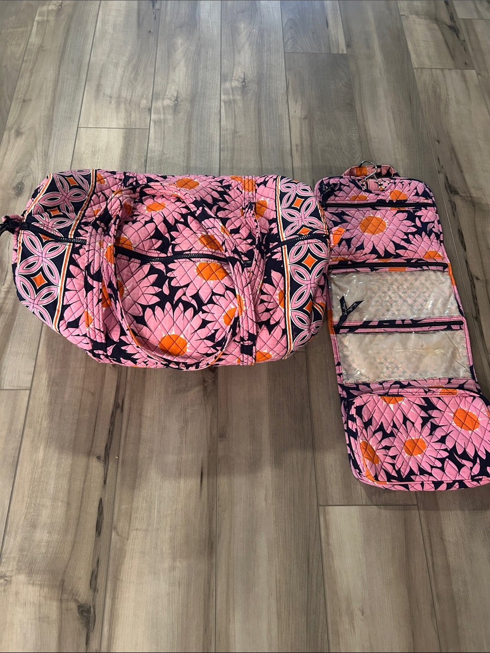 Vera Bradley Pink & Orange Floral Quilted Travel Duffle with Fold-Out Organizer